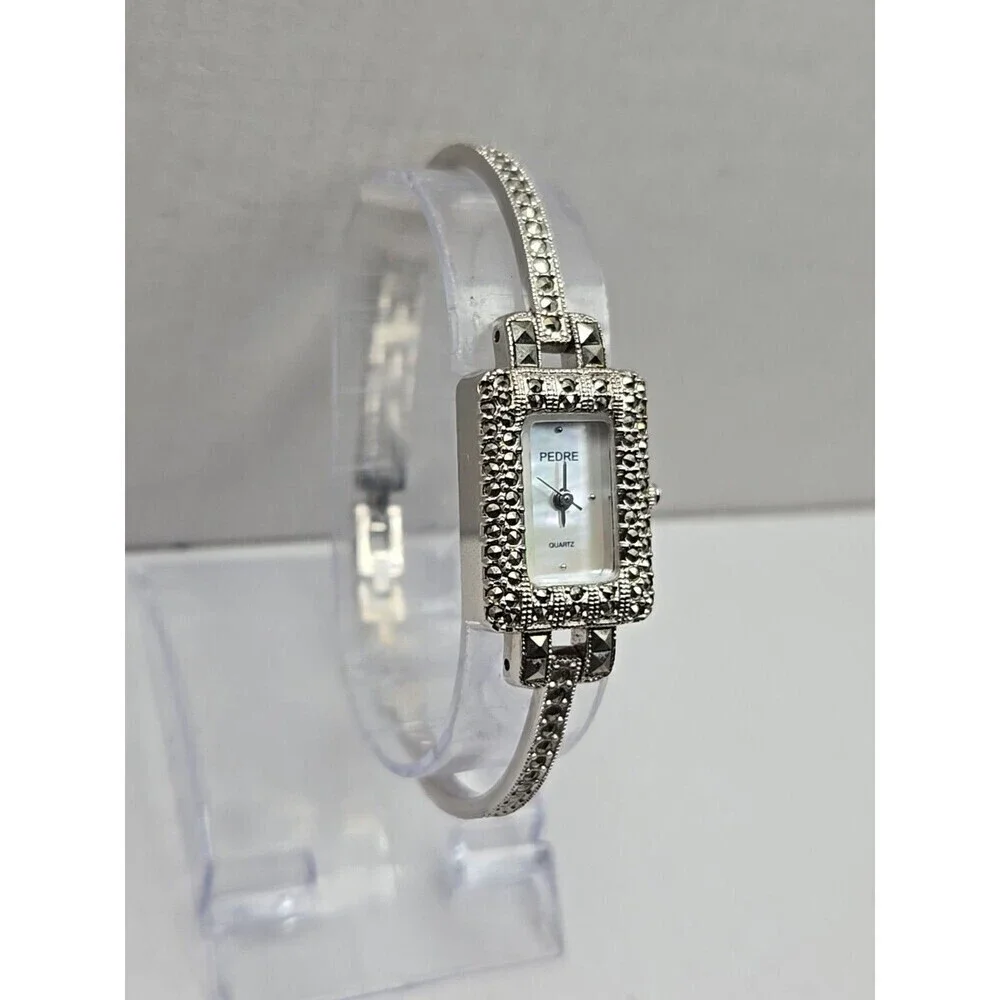Pedre Marcasite Tank Bracelet Watch Quartz New Battery Silver Tone Vintage MOP